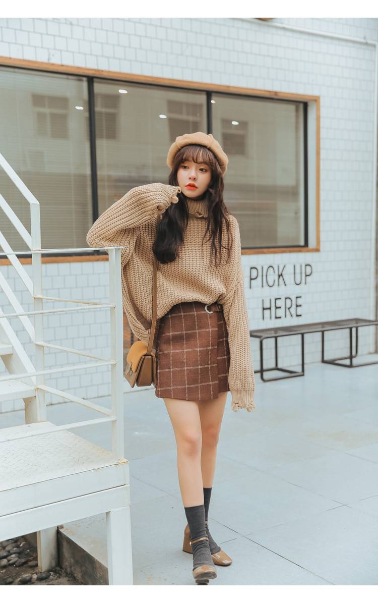 Woolen Vintage Plaid Skirt Apparel Harajuku Style Woolen Plaid Retro Skirts
