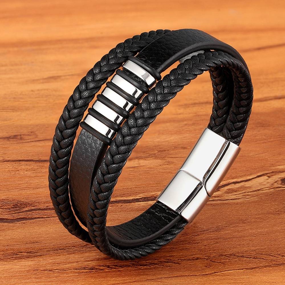 Stylish Genuine Leather Bracelets For Men Jewelry New 3 Layers Black Gold Punk Style Design Genuine Leather Bracelet for Men Steel Magnetic Button Birthday Gift Male Bracelets