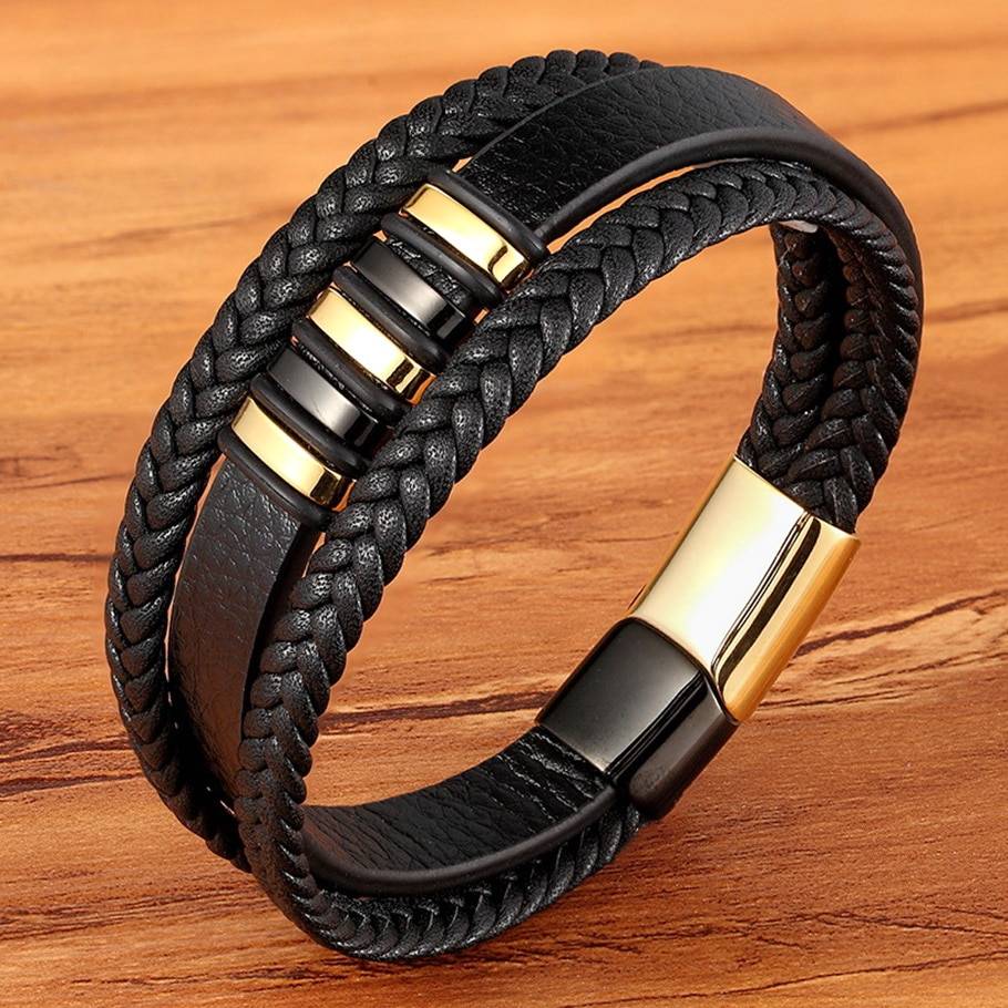Stylish Genuine Leather Bracelets For Men Jewelry New 3 Layers Black Gold Punk Style Design Genuine Leather Bracelet for Men Steel Magnetic Button Birthday Gift Male Bracelets
