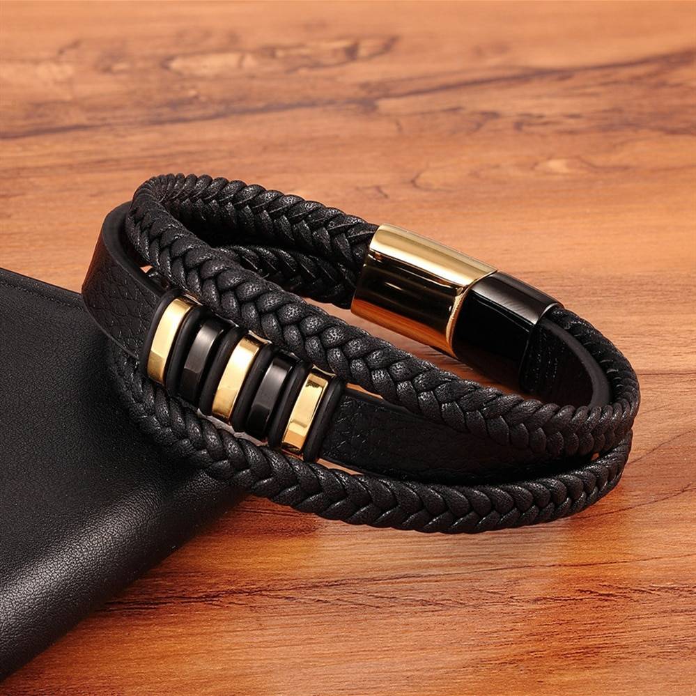 Stylish Genuine Leather Bracelets For Men Jewelry New 3 Layers Black Gold Punk Style Design Genuine Leather Bracelet for Men Steel Magnetic Button Birthday Gift Male Bracelets