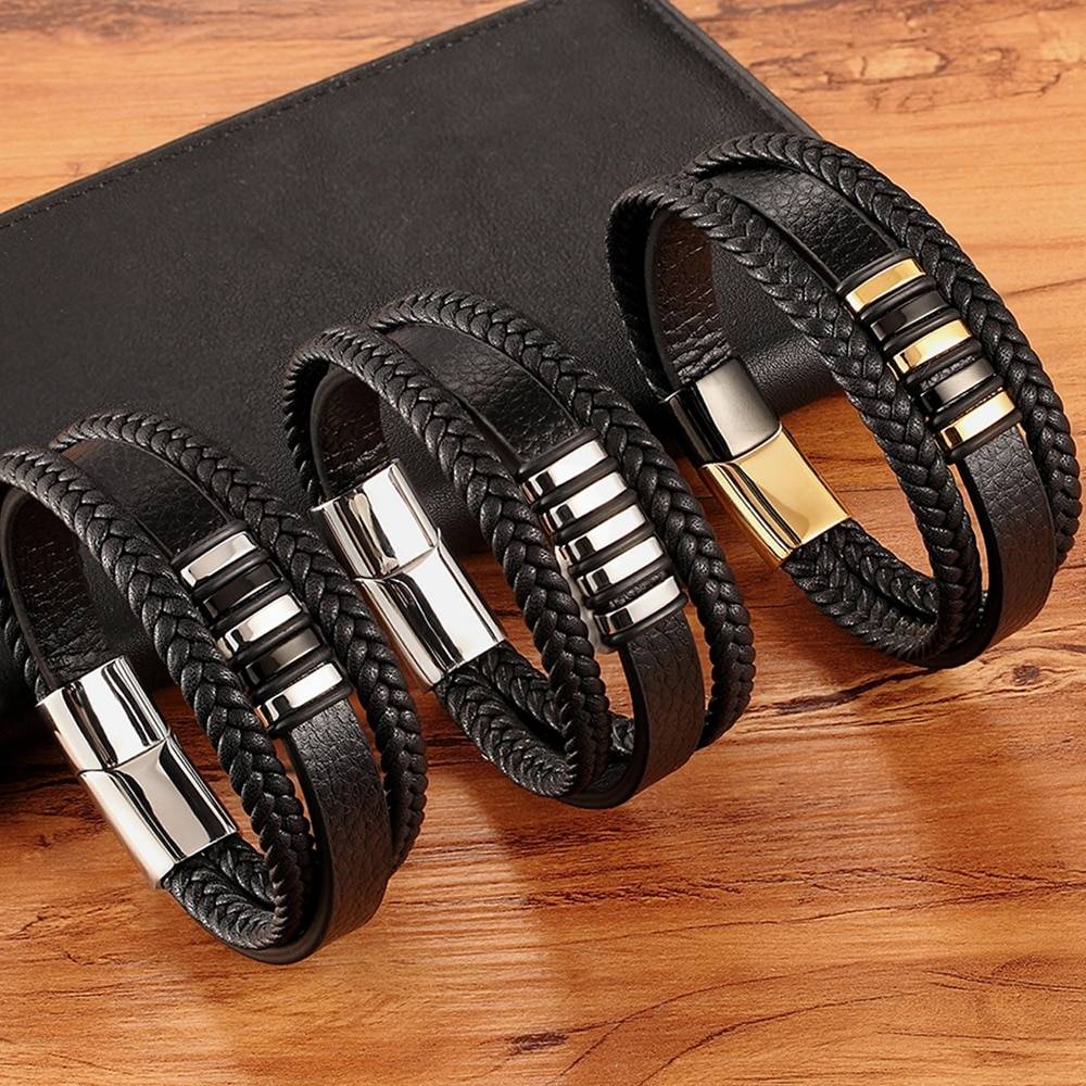 Stylish Genuine Leather Bracelets For Men Jewelry New 3 Layers Black Gold Punk Style Design Genuine Leather Bracelet for Men Steel Magnetic Button Birthday Gift Male Bracelets