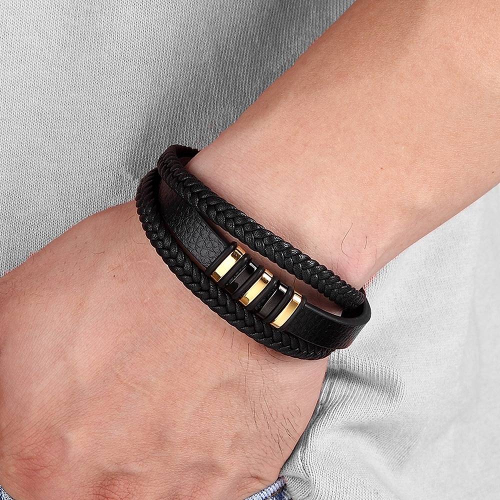 Stylish Genuine Leather Bracelets For Men Jewelry New 3 Layers Black Gold Punk Style Design Genuine Leather Bracelet for Men Steel Magnetic Button Birthday Gift Male Bracelets