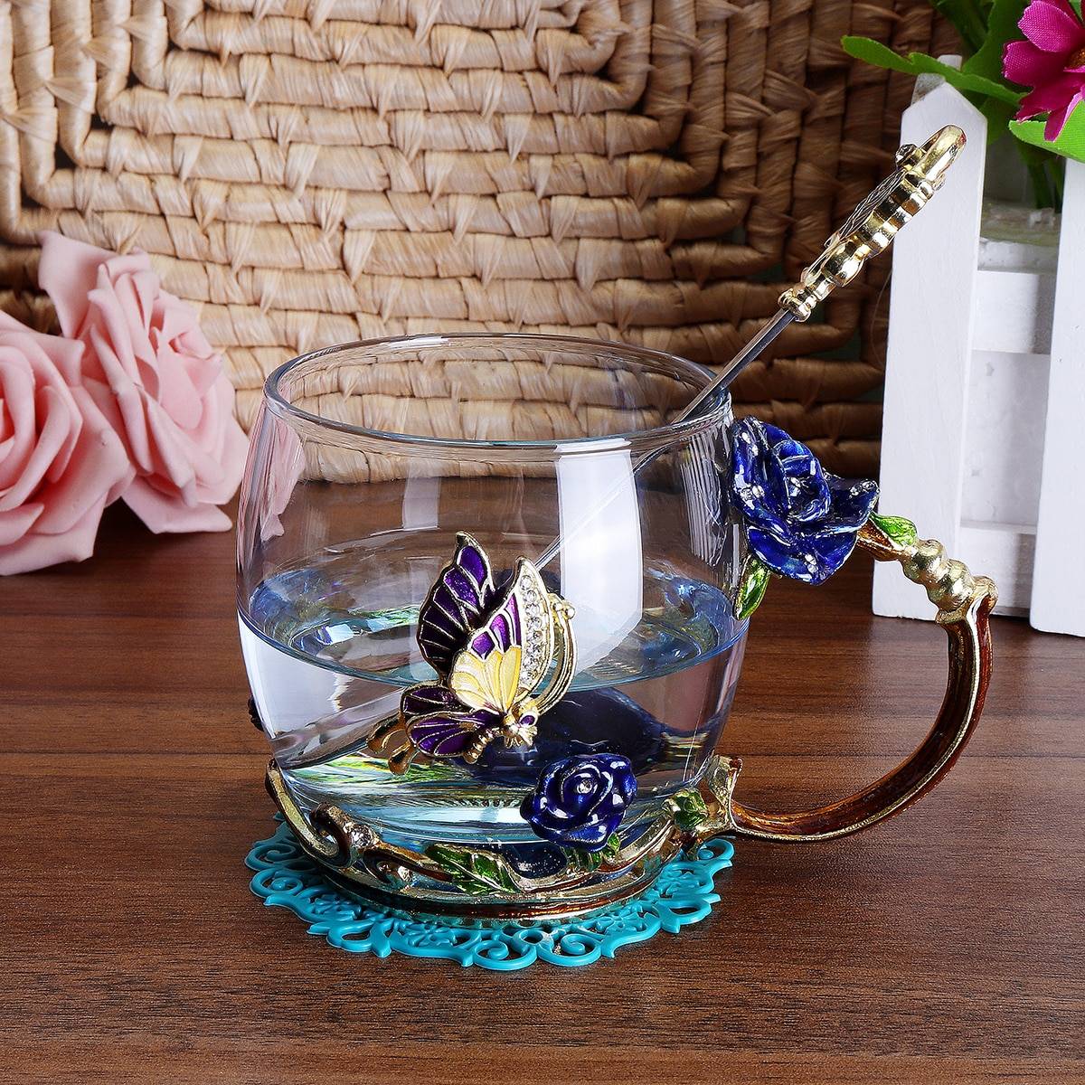 Handmade Beauty And Novelty Enamel Cup Home Goods Beauty And Novelty Enamel Coffee Cup Mug Flower Tea Glass Cups for Hot and Cold Drinks Tea Cup Spoon Set Perfect Wedding Gift Color : High Type|Short Type|Glass Tray
