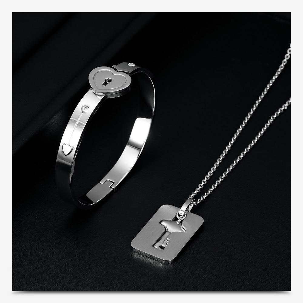 Heart Lock Bracelet & Key Necklace For Couple Jewelry Heart Lock Bracelet & Key Necklace For Couple Jewelry